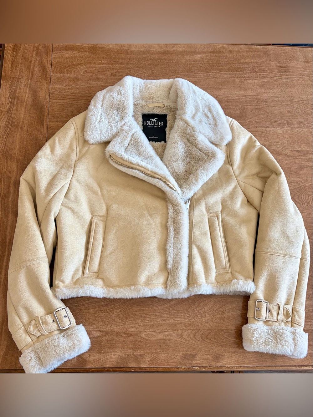 Hollister Cream Faux Shearling Cropped Jacket with Buckle Cuffs